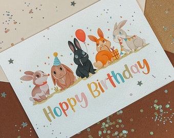 HOPPY BIRTHDAY Bunny Birthday Greeting card + envelope - DIN A6 - rabbit - pet - cute card - animals