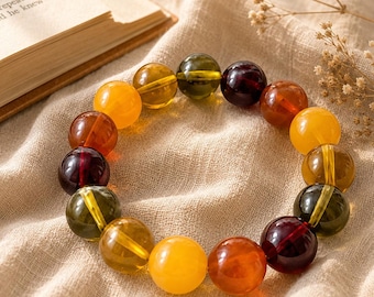 Armband aus natürlichem baltischem Bernstein, mehrfarbige runde Perlen, honigfarbener, cognacfarbener und kirschgrüner Bernstein, handgefertigter Stretch-Schmuck