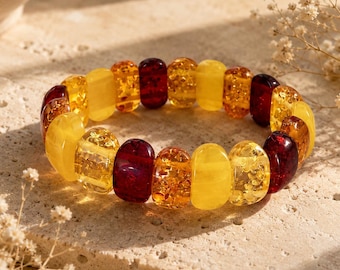 Mehrfarbiges Bernsteinarmband, große honig-kirsch-cognacfarbene Perlen, Bernsteinschmuck
