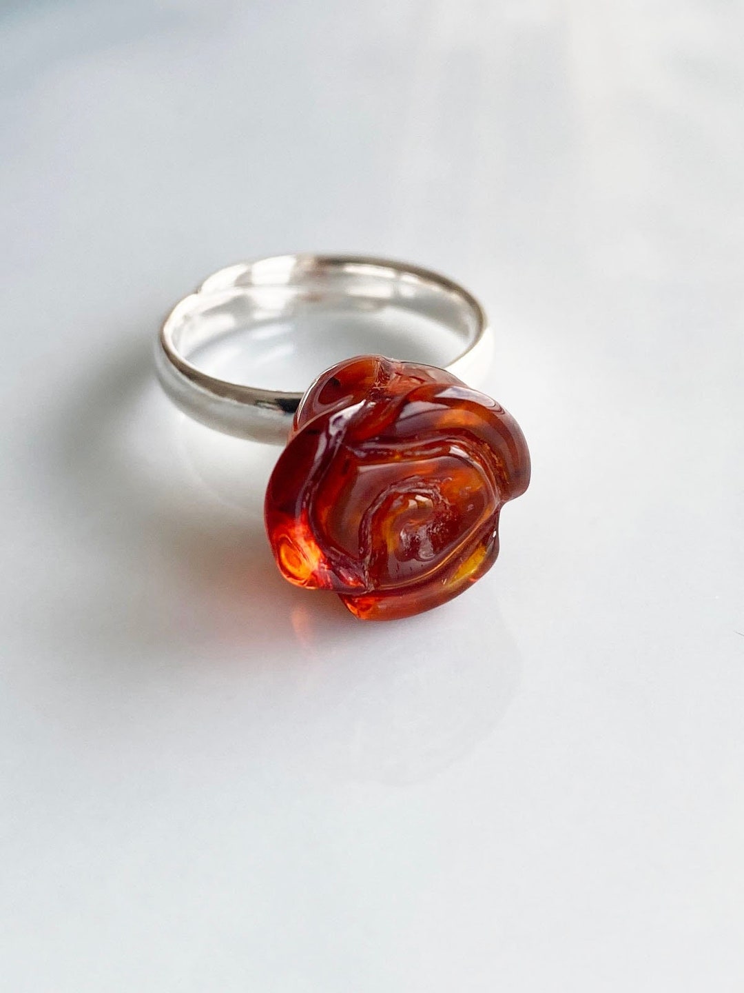 Amber Flower Ring Carved Amber Jewelry Amber Silver Ring Etsy