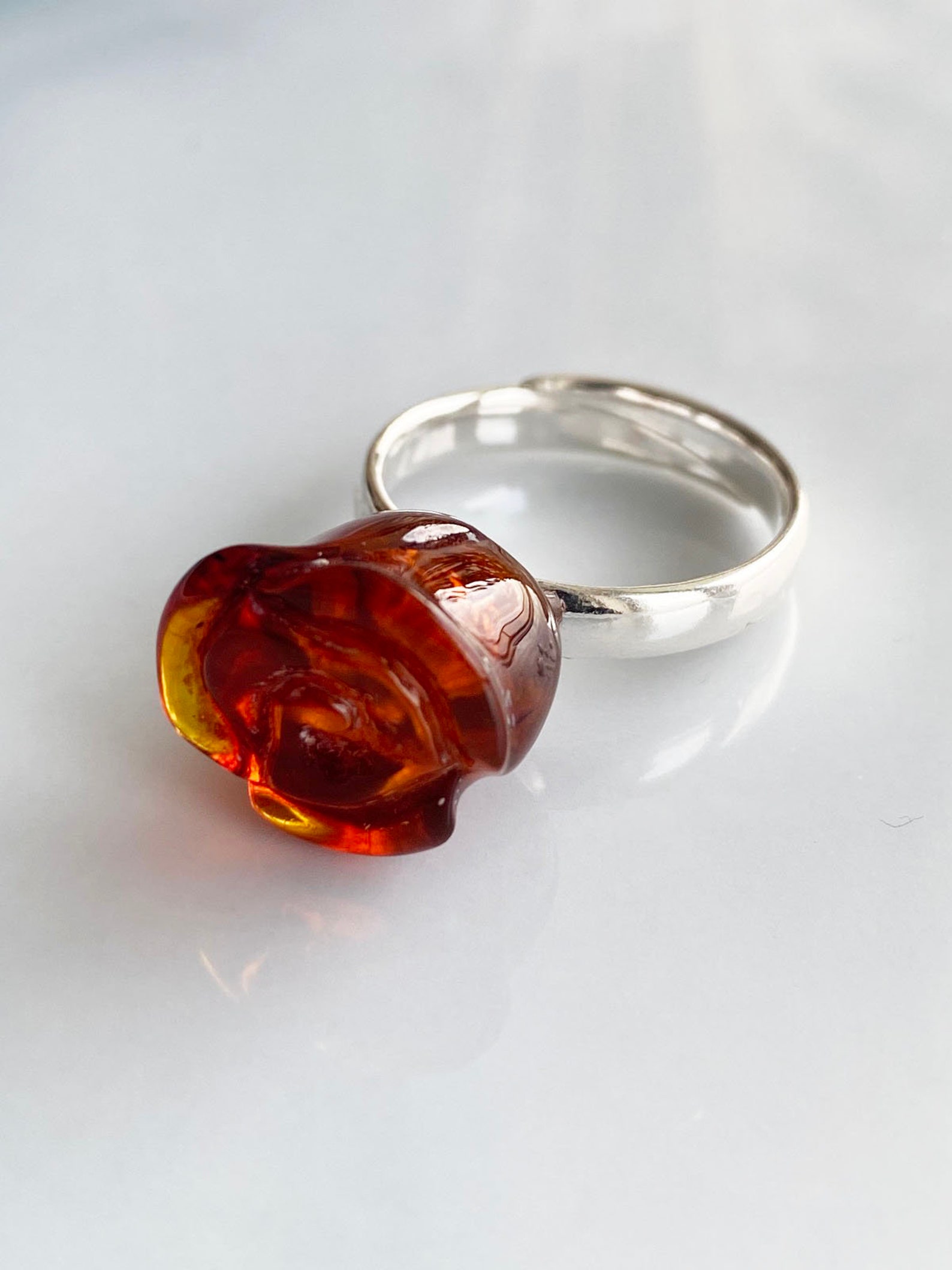 Amber Flower Ring Carved Amber Jewelry Amber Silver Ring Etsy