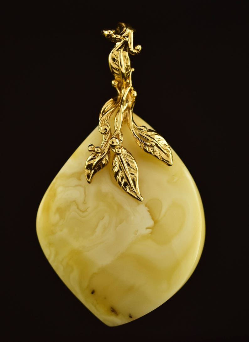 White Butterscotch Egg Yolk Genuine BALTIC AMBER Silver Gold Plated Pendant 5.2g