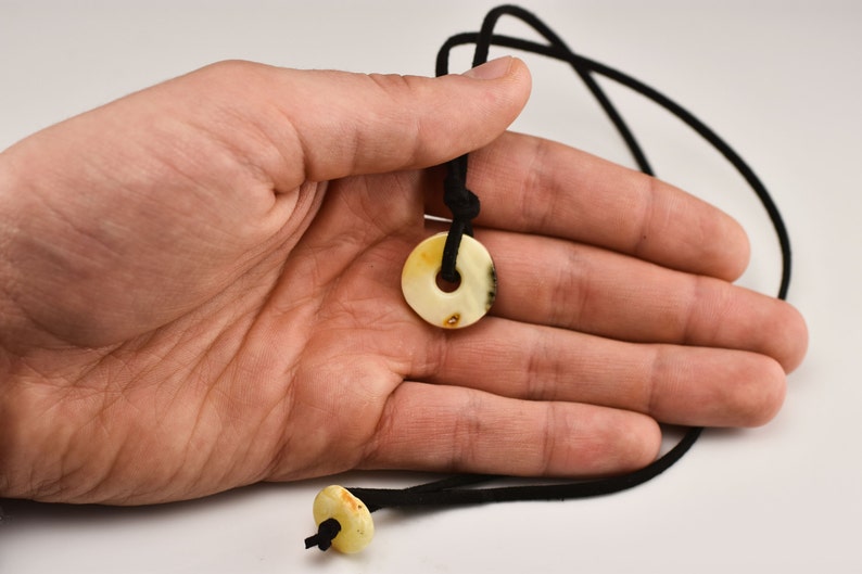 White Butter Color Natural Baltic Amber Donut Shape Amulet Pendant On Leather String 23