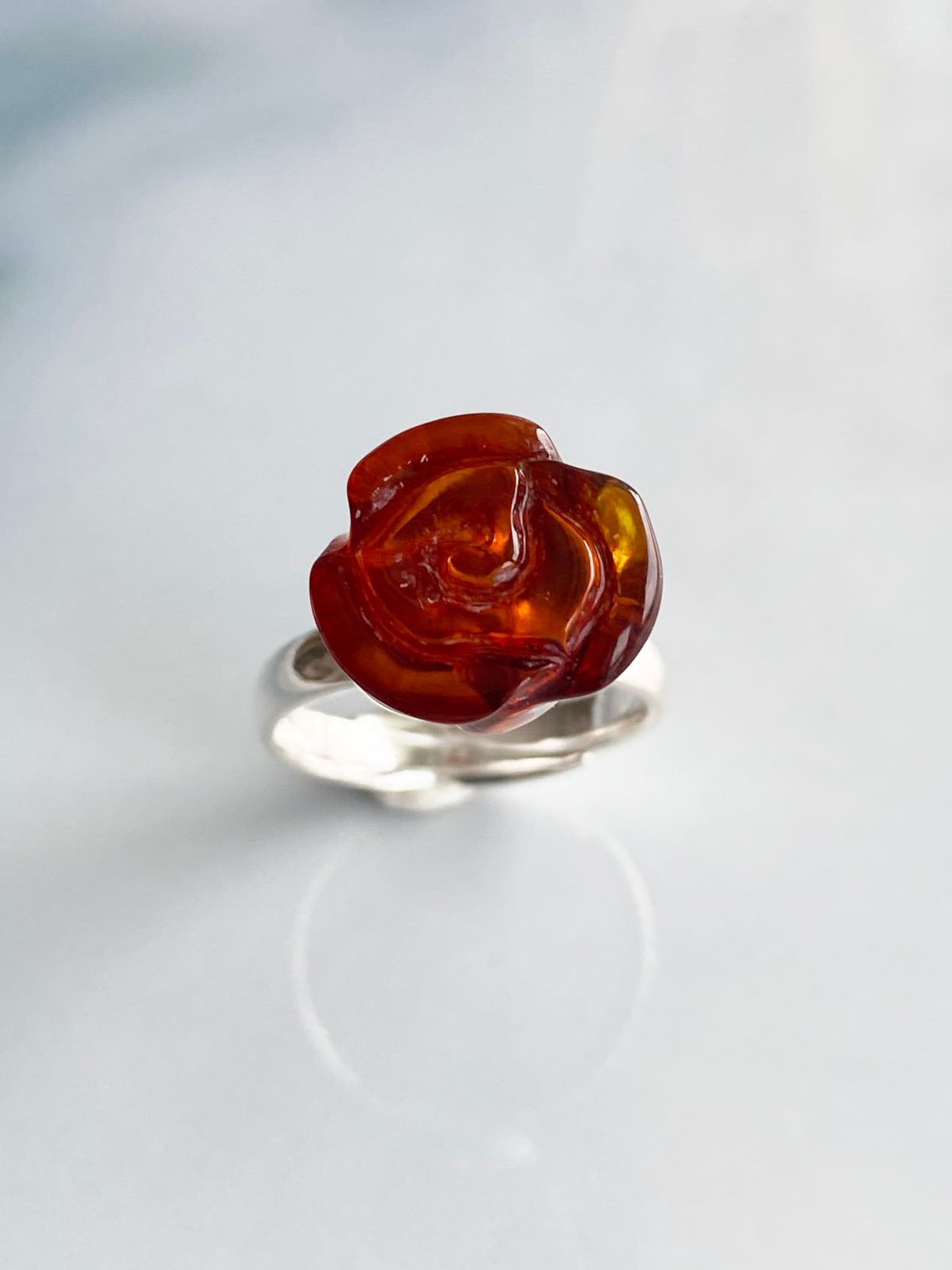 Amber Flower Ring Carved Amber Jewelry Amber Silver Ring Etsy