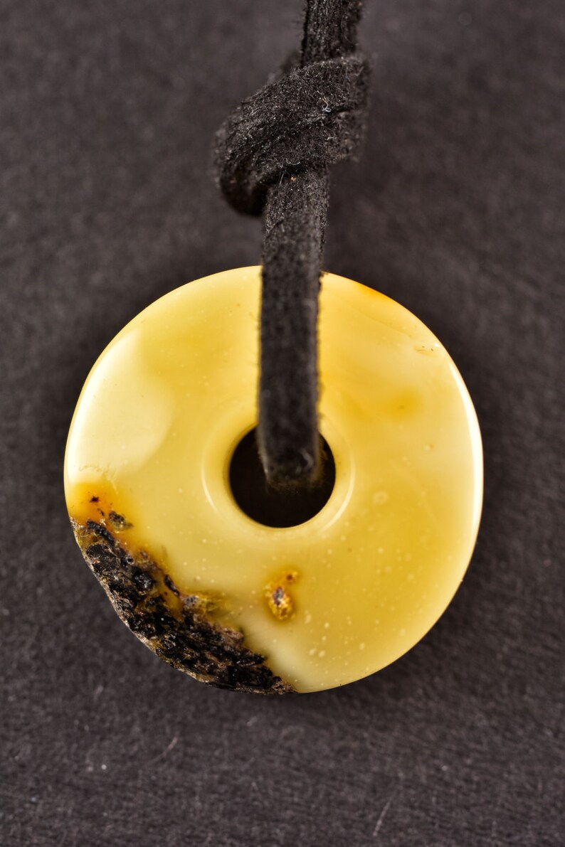 White Butter Color Natural Baltic Amber Donut Shape Amulet Pendant On Leather String 23