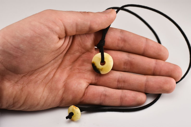 White Butter Color Natural Baltic Amber Donut Shape Amulet Pendant On Leather String 23