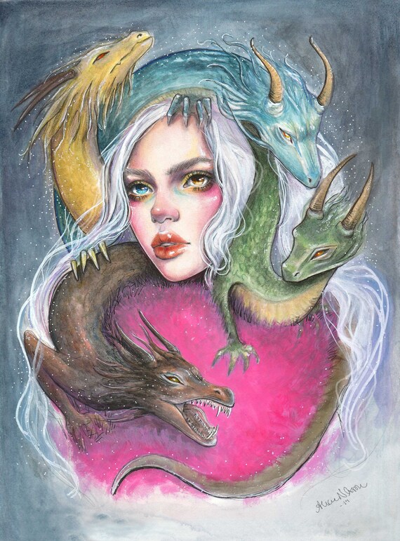 Dragon Mixed Media Art Asian Dragon, Print, Black & White, Graphite,