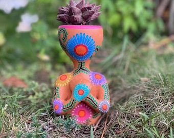 Mini Hand-Painted Pothead Planter, Ceramic Boho Garden Decor