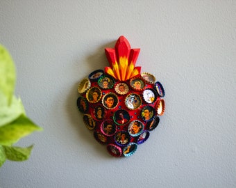 Frida Kahlo | Bottlecap Heart | Wall Decor | Mexican Art | Sacred Heart | Unique Gift Idea