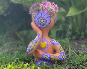Hand Painted Ceramic Face Planter | Humanoid Succulent Pot | Mexican Folk Art (9 inches tall)