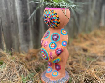 Mexikanische Ton Fruchtbarkeit Pflanzer | Handbemalte Topf Kopfvase | Boho Gesicht Übertopf | Folk Art Haus und Garten Dekor