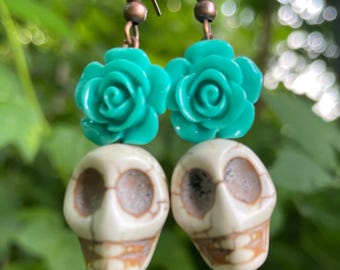 Day of the Dead Earrings | Turquoise Rose Sugar Skull, Calavera