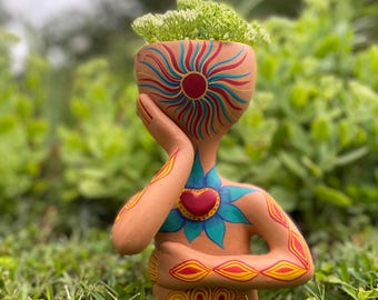 Hand Painted Ceramic Humanoid Planter | Mexican Folk Art Succulent Pot