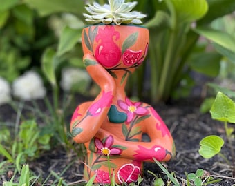 Hand Painted Ceramic Face Planter | Humanoid Succulent Pot | Mexican Folk Art (9 inches tall)