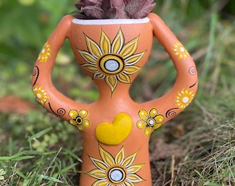 Mini Hand-Painted Pothead Planter, Ceramic Boho Garden Decor, Sunflower