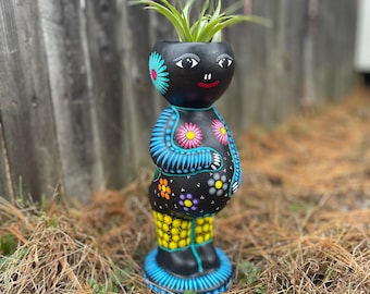 Mexikanische Ton Fruchtbarkeit Pflanzer | Handbemalte Topf Kopfvase | Boho Gesicht Übertopf | Folk Art Haus und Garten Dekor
