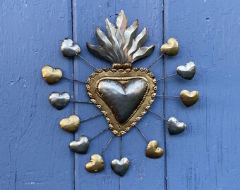 Handcrafted Tin Sacred Heart Wall Art, Mexican Boho Decor, Artisan Uriel Home Accent