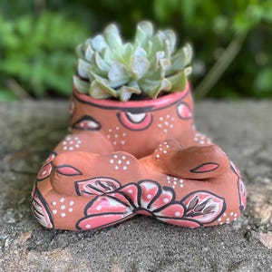 May include: A terracotta-colored ceramic planter with a succulent plant. The planter is decorated with pink and white floral designs and white polka dots. The succulent has light green leaves.