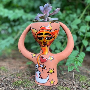 Der originale Pothead-Pflanztopf | Handbemalter Keramiktopf für Sukkulenten | Boho-Gartendeko | Sonne und Mond