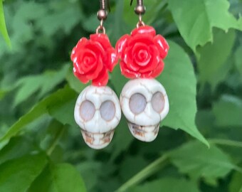 Day of the Dead Earrings | Sugar Skull, Red Rose Dangle Earrings