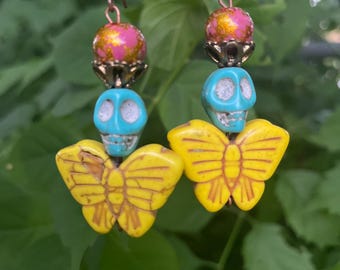 Day of the Dead Dangle Earrings | Sugar Skull Calavera, Butterfly Wing