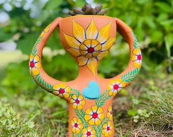 Handmade Ceramic Face Planter | Hand-Painted Boho Succulent Pot (9 inches)