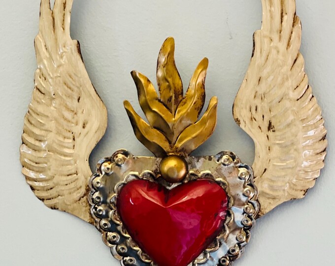 Sacred Heart With Wings, Mexican Folk Art, Wall Art, Home Decor, Unique ...