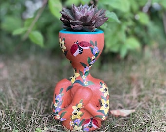Mini Hand-Painted Pothead Planter, Ceramic Boho Garden Decor