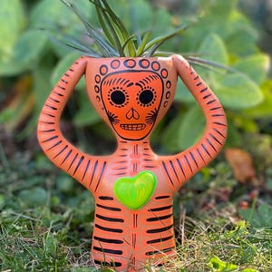 May include: Orange Day of the Dead-themed ceramic planter with a skull face design and black stripes. The planter has arms raised to the sides and a green heart on the chest. Green plants are growing from the top of the planter, set in a grassy outdoor environment.