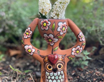 Mini Hand-Painted Pothead Planter, Ceramic Boho Garden Decor, Owl