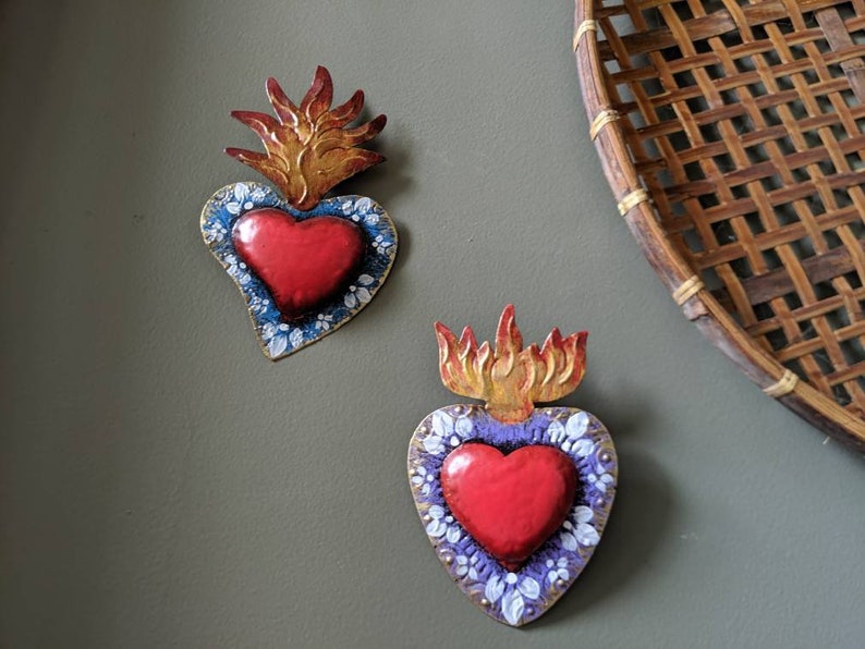 Flaming Sacred Heart Corazon Sagrado Mexican Folk Art Wall Decor