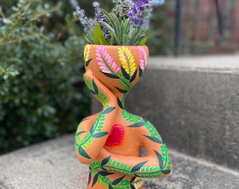 Hand Painted Ceramic Humanoid Planter | Mexican Folk Art Succulent Pot