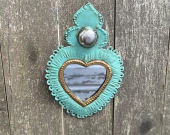 Handcrafted Tin Sacred Heart Mirror: Mexican Folk Art Wall Decor