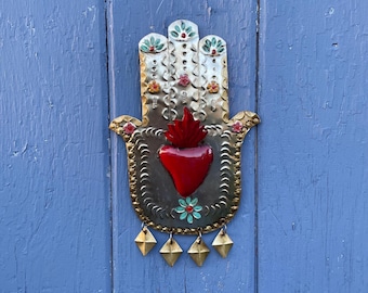 Handcrafted Tin Hamsa with Sacred Heart - Mexican Folk Art Wall Decor