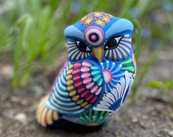 Estatua de búho mexicano hecha a mano, artesanía Arcelia Folk Art, decoración para el hogar y el jardín.