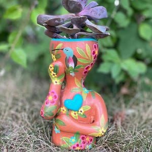 Mini Pothead Planter, Hand-Painted Ceramic Succulent Pot, Hummingbird Floral Design