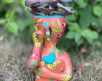 Mini Pothead Planter, Hand-Painted Ceramic Succulent Pot, Hummingbird Floral Design