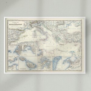 Vintage Historische Karte von Mittelmeer, Vintage Historische Karte von Südeuropa