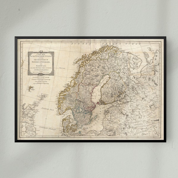 Vintage Historical Map of Scandinavia, Vintage Historic Map Print of Norway, Sweden, Finland, Denmark, A4, A3, 12x16, 12x18,