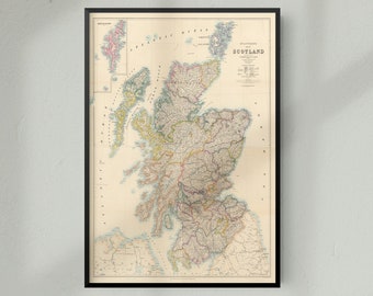 Vintage Historical Map of Scotland, Vintage Historic Map Print of Scotland, Edinburgh, Glasgow, Highlands, A4, A3, 12x16, 12x18,   7 x 5