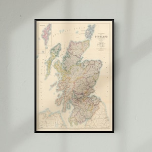 Vintage historische kaart van Schotland, vintage historische kaart afdruk van Schotland, Edinburgh, Glasgow, Highlands