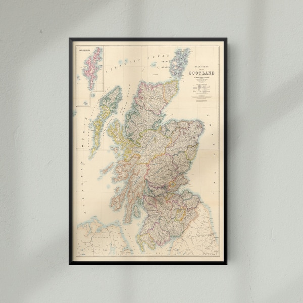 Carte historique vintage de l'Ecosse, impression de carte historique vintage de l'Ecosse, Édimbourg, Glasgow, Highlands, A4, A3, 12 x 16, 12 x 18, 7 x 5