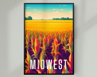Midwest Travel Poster, Midwest Cornfields USA Travel Print, Midwest USA Countryside, Kansas, Iowa, Illinois, Indiana, Minnesota, Wisconsin