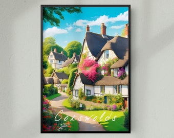 Cotswolds England Travel Print Cotswolds Traditional Village Travel Poster Cotswolds Country House Travel Print