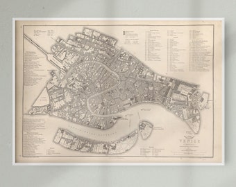 Vintage Historical Map of Venice, Vintage Historic Map Print of the City of Venice, Italy, Vintage Map of Italy