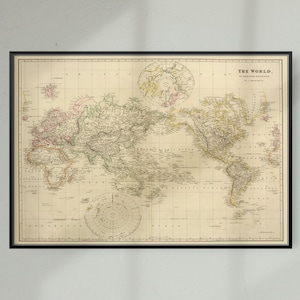 Vintage Historical Map of the World, Vintage Historic Map Print of the World, Pacific Centred Historical Map