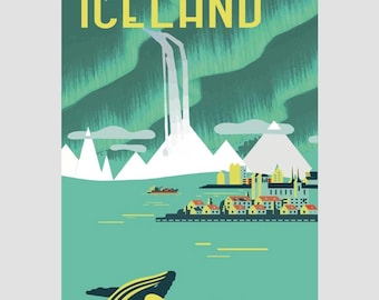 May include: A travel poster featuring the text Visit ICELAND in yellow. The illustration depicts a green aurora borealis above white mountains, a waterfall, a coastal town with small buildings, and a whale breaching in the turquoise water.