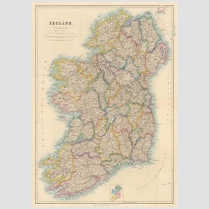 May include: An antique-style map of Ireland printed on a cream-colored background. The map features detailed topographical lines, county borders, and coastal outlines. The text IRELAND is printed in the upper left corner with additional cartographic labels.
