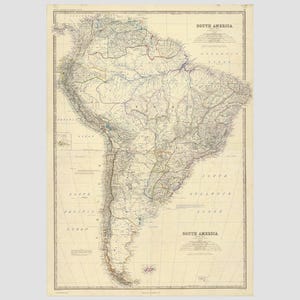 May include: A vintage-style paper map of South America featuring detailed topographical lines, rivers, and political boundaries. The map includes the text South America in the upper right and lower right corners, with a grid of latitude and longitude.