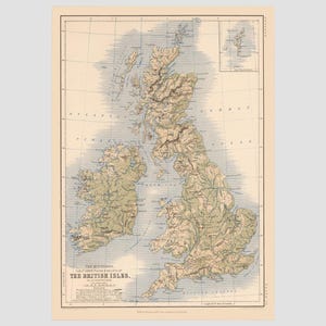 May include: A vintage-style topographical map titled The British Isles, featuring detailed landforms, coastlines, and surrounding bodies of water in muted earth tones. The map includes a grid system, a small inset map, and printed text at the bottom.
